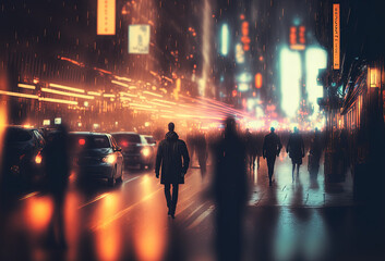 Dark silhouettes of people, rain, reflections in the wet asphalt. Night city street illuminated by neon light. 3D rendering. AI generated.