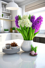 Spring hyacinths in a vase on a light background. AI generativ.