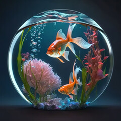 Naklejka na ściany i meble Beautiful fish in round glass aquarium. Fish Swimming In Fishbowl, generative AI 