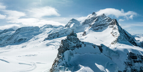 Aerial panorama view of the Sphinx Observatory on Jungfraujoch - Top of Europe, one of the highest observatories in the world located at the Jungfrau railway station, Bernese Oberland, Switzerland.