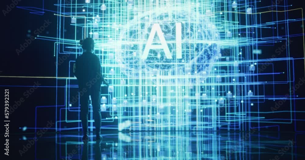 Poster Back View of a Woman Holding Laptop Computer, Walking Towards a Big Digital Screen and Interacting with AI Neural Network 3D Animation. Professional Female Manager Analysing Information in Big Data
