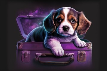 Illustration of a puppy dog in travel portrait above a luggage. separated from the background; colored purple. Generative AI - obrazy, fototapety, plakaty