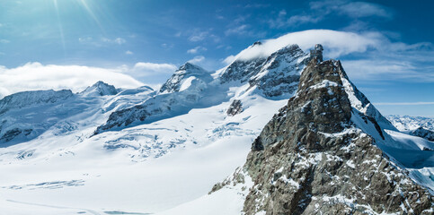 Aerial panorama view of the Sphinx Observatory on Jungfraujoch - Top of Europe, one of the highest...