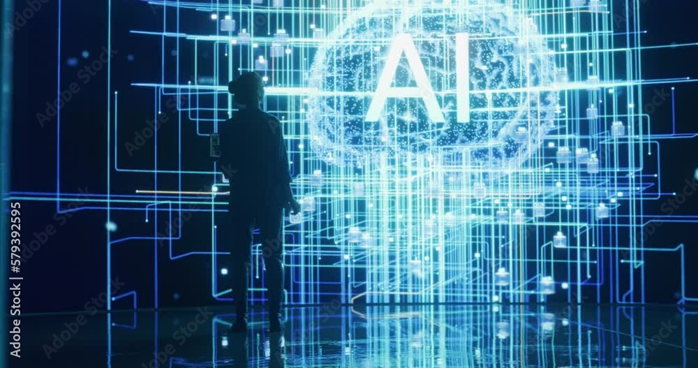 Poster Back View of a Woman Holding Laptop Computer, Walking Towards a Big Digital Screen and Interacting with AI Neural Network 3D Animation. Professional Female Manager Analysing Information in Big Data