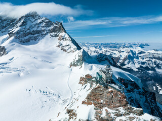 Aerial panorama view of the Sphinx Observatory on Jungfraujoch - Top of Europe, one of the highest observatories in the world located at the Jungfrau railway station, Bernese Oberland, Switzerland.