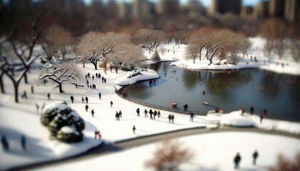 central park tilt shift aerial view in winter generative ai