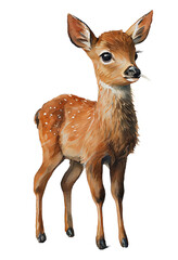 Watercolor drawing of a cute baby deer isolated on transparent background. Illustration for greeting cards, stickers, invitations, books.