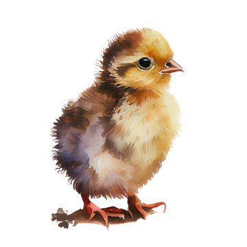 Watercolor drawing of a cute baby chicken isolated on transparent background. Illustration for greeting cards, stickers, invitations, books