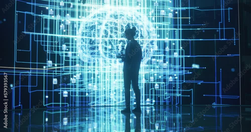 Aufkleber Back View of Young Woman Looking at a Big Screen with Neural Network Visualisation Animation. Professional Computer Data Science Engineer Working in System Control and Monitoring Telecommunications