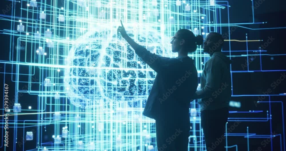 Fototapete Portrait of Two Diverse Colleagues Looking at a Big Screen with Neural Network Visualisation Animation. Professional Computer Data Scientists Discussing and Working on Monitoring Private Information