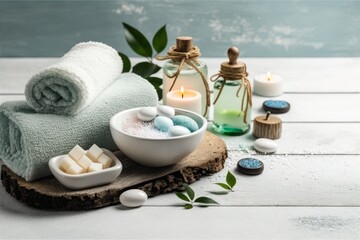 Obraz na płótnie Canvas Revitalize Your Senses with the Best Beauty Treatment Items for Spa Procedures on a White Wooden Table: Massage Stones, Essential Oils, and Sea Salt, Generative AI.