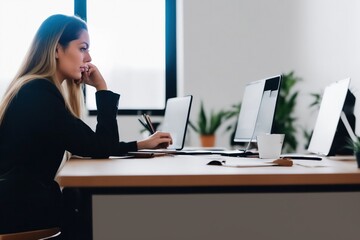 Candid shot of a young female UX web product designer exploring design ideas in a modern tech company office, generative ai