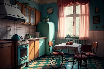 Fotobehang Vintage kitchen, retro household appliance of the sixties, illustration generative AI © fabioderby