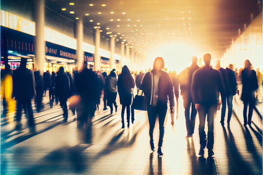 People Wandering Around The Supermarket. Blurred, Long Exposure Photography, People Walking Around A Grocery Store Or Shopping Mall.