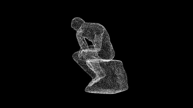 3D statue of a thinker rotates on black bg. Object dissolved white flickering particles 60 FPS. Business advertising backdrop. Science concept. For title, text, presentation. 3D animation.