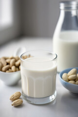 Vegan peanut milk on a white table. Generative AI
