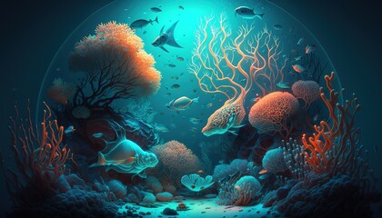 Obraz na płótnie Canvas Aqua Fantasia: A Surreal Underwater World of Bioluminescent Creatures and Coral Reefs