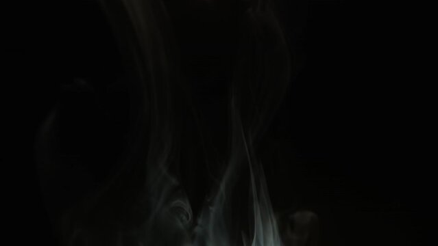 Smoke rises slowly upwards on a black background, abstract smoke tongues, screensaver or overlay video. 