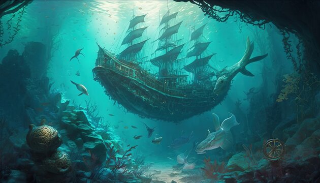 Atlantis Revisited: A Magical Underwater World with Mermaids, Sea Creatures, and a Sunken Shipwreck