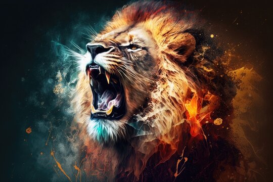 Art illustration of roaring lion head on artistic background. Generative AI.