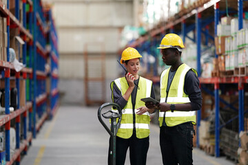 Worker Doing Inventory in Warehouse. Dispatcher in uniform making inventory in storehouse. supply chain concept