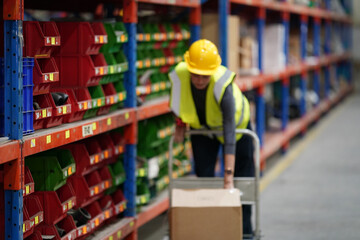 Fototapeta premium Warehouse workers checking the inventory. Products on inventory shelves storage. .Worker Doing Inventory in Warehouse. Dispatcher in uniform making inventory in storehouse.