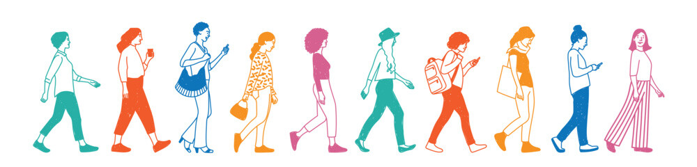 Crowd of diverse women go forward.