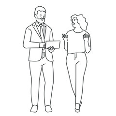 Business man and woman walking and discussing.