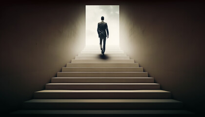 Businessman step up on stair forward to goal and success concept, AI generative