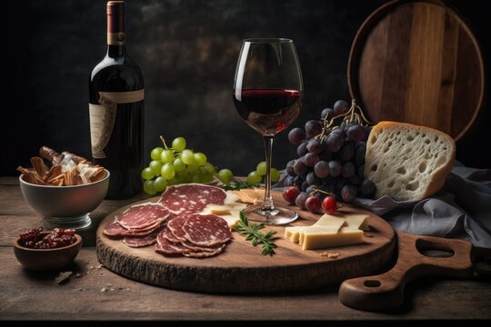 Image of red wine and charcuterie spread. Generative AI