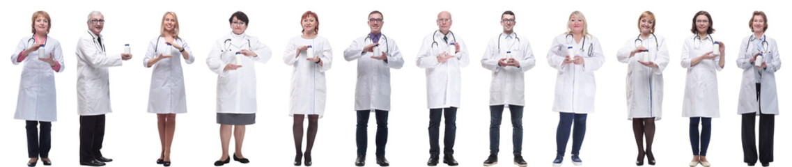 group of doctors holding jar isolated on white