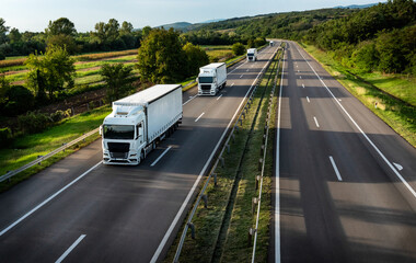 Convoy of Trucks with containers on highway, cargo transportation concept in springtime - freight...
