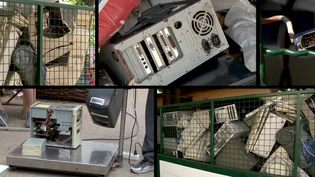 Throwing away electronic waste, man putting old obsolete pc components into a box closing it and taking it away, electro trash recycling, old computer parts trashing, eco safe electronics disposal.