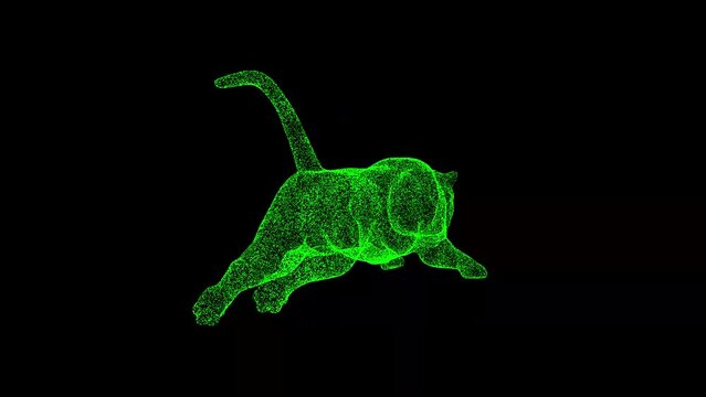 3D flying tiger rotates on black bg. Object dissolved green flickering particles 60 FPS. Business advertising backdrop. Science concept. For title, text, presentation. 3D animation.