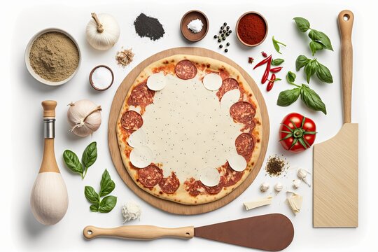 Pizza making tools and ingredients on a wooden pizza board, laid out on a white concrete slab. Top down perspective. White space for use with text, recipes, or cafe restaurant menus. Generative AI