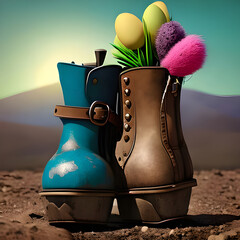 big blue and brown shoe as a vase with flowers and colorful easter eggs in the background with hills. Generative AI