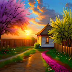 Illustrated beautiful spring landscape with blooming trees and pink flowers, picturesque house at sunset, golden watch. Generative AI