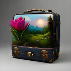 A dark 3D blue suitcase that has a design of a beautiful spring landscape and 3D tulips sticking out on a gray background. Generative AI