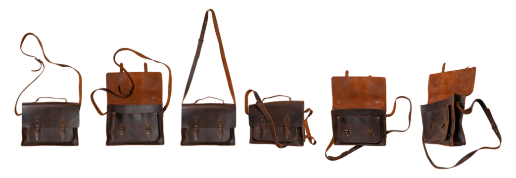 Brown leather men's bag, briefcase isolated on white background. Cut out object, document suitcase, business, shoulder bag, vintage backpack. Fashion, style, accessory mockup - Powered by Adobe