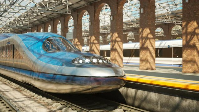 Blue and Silver High Speed Train at a Brick Arched Railway Station