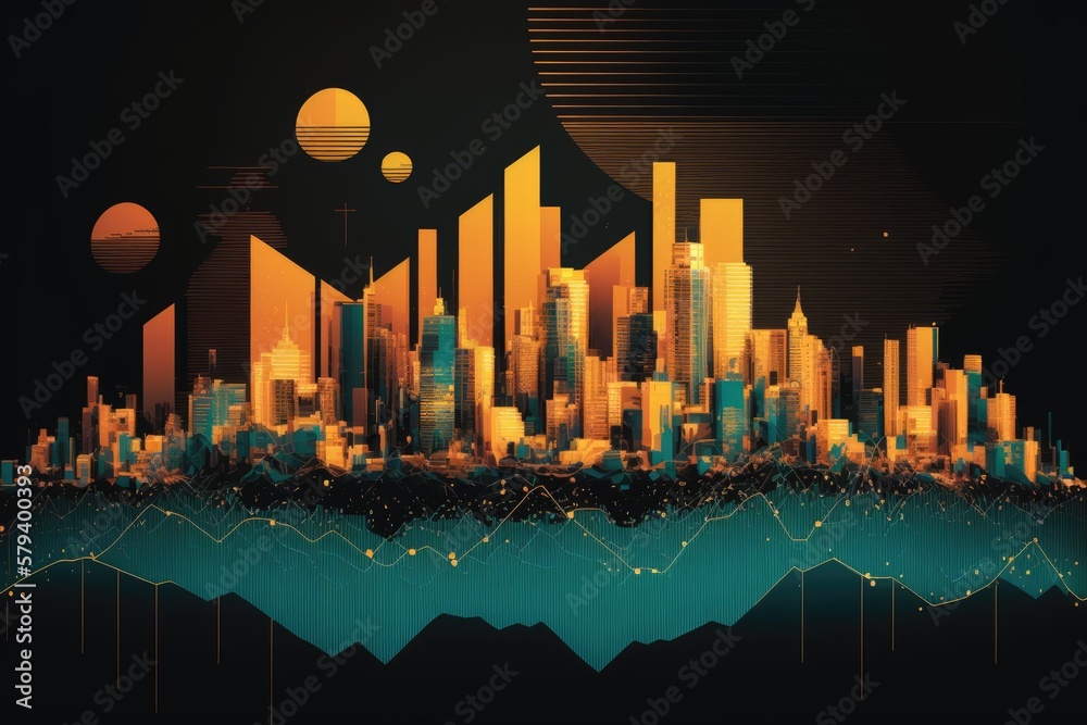 Poster Finance, money, investment, and business concept background with a double exposure of a cityscape, a schematic bar and line graph, and rows of coins. Generative AI