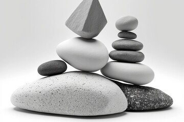 Stones in balance, so to speak. Spa stones isolated on white. The stones' pyramidal arrangement symbolizes the meditative state attained via their contemplation. Generative AI