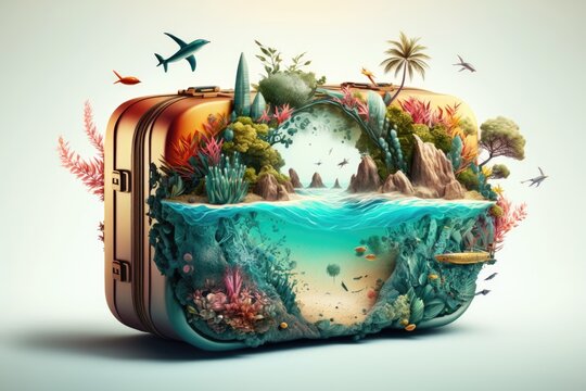 A tropical paradise is unfolded from a suitcase. Traveling. Generative AI