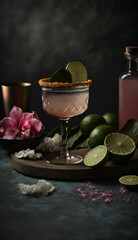 Creative mexican cocktail, sitting on a dark rustic table top bar. Garnishes, flowers and palm leaves surround the drink.