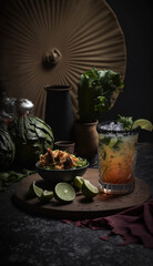 Creative mexican cocktail, sitting on a dark rustic table top bar. Garnishes, flowers and palm leaves surround the drink.