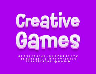 Vector Funny Emblem Creative Games. White Handwritten 3D Font. Playful style Alphabet Letters and Numbers