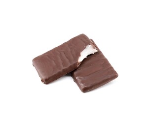 Two thin chocolates filled  with mint on white background.