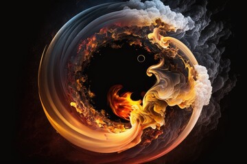 Coated smoke ring in a specific hue. The ink water churns. Tornado of raging flames. Fumes of orange, red, and yellow rise from a spherical, flaming tunnel set against a black background. Generative