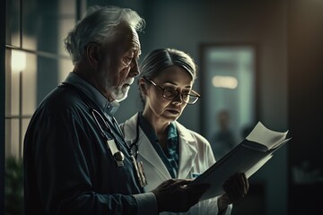 Fototapeta premium Doctors discussing about patient's medical history in the hospital, Generative AI