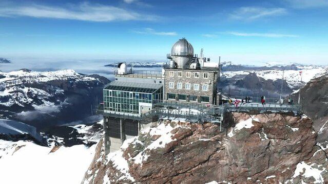 Aerial panorama view of the Sphinx Observatory on Jungfraujoch - Top of Europe, one of the highest observatories in the world located at the Jungfrau railway station, Bernese Oberland, Switzerland.